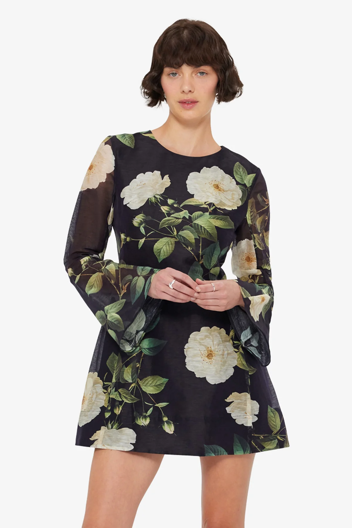 Suzanne Bell Sleeve Mini Dress - White Rose Print - Image 6