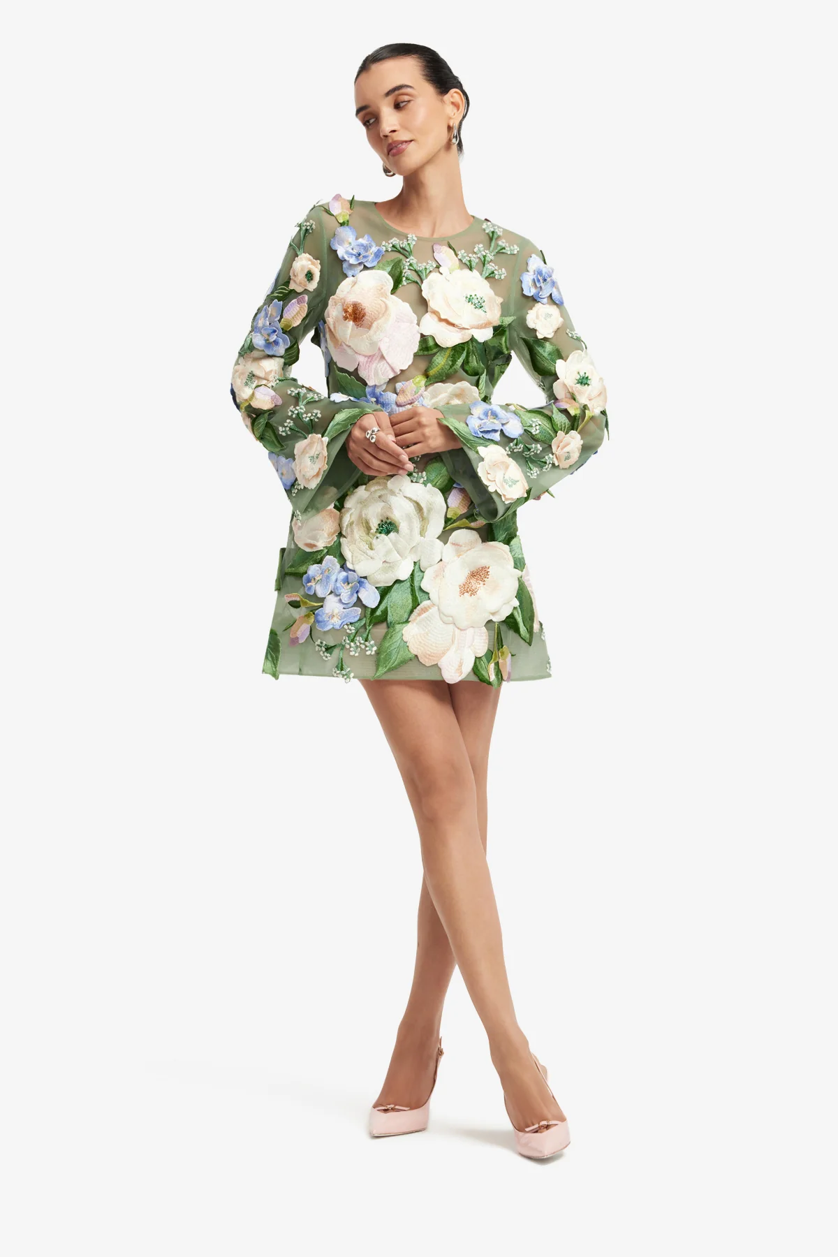 Suzanne Floral Hand-Embroidered Bell Sleeve Mini Dress - Blossom - Image 3