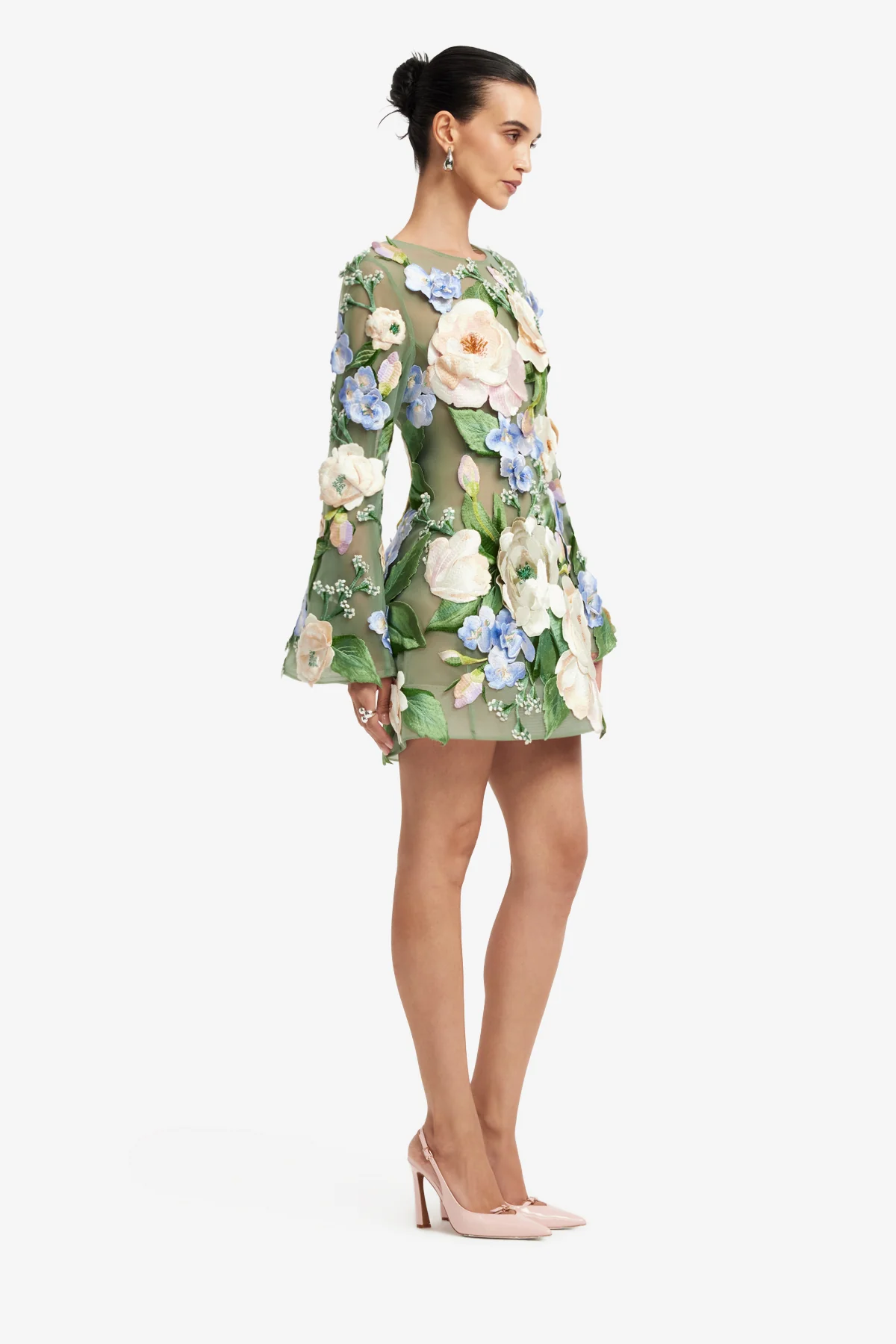 Suzanne Floral Hand-Embroidered Bell Sleeve Mini Dress - Blossom - Image 4