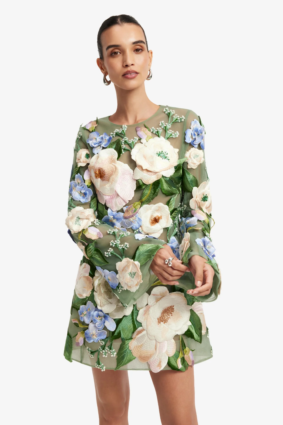 Suzanne Floral Hand-Embroidered Bell Sleeve Mini Dress - Blossom - Image 6