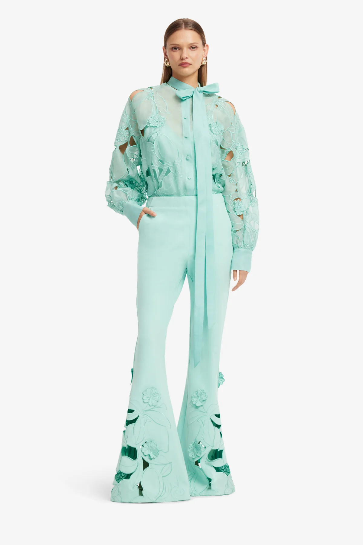 Vera Appliqué Flared Pants - Pale Turquoise - Image 3