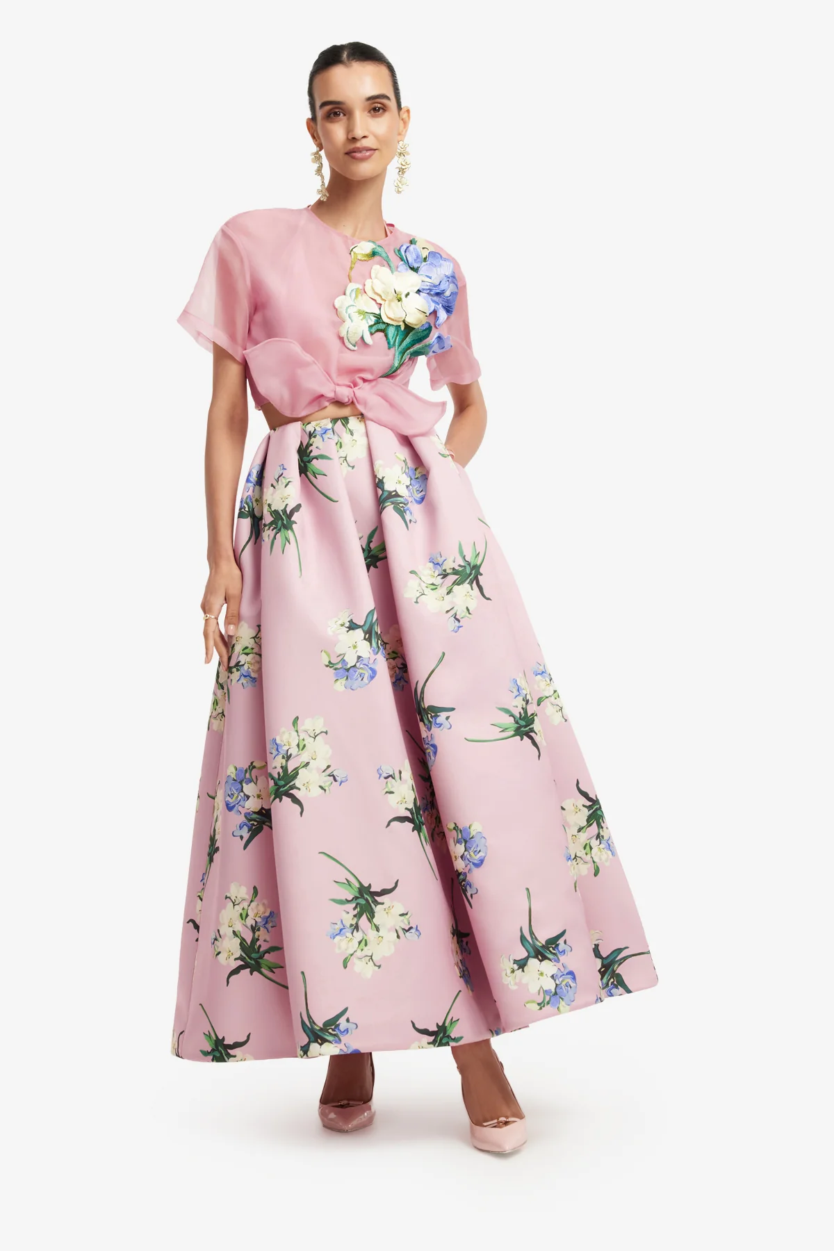Victoria Puff Maxi Skirt - Bouquet Print in Pastel Pink - Image 3