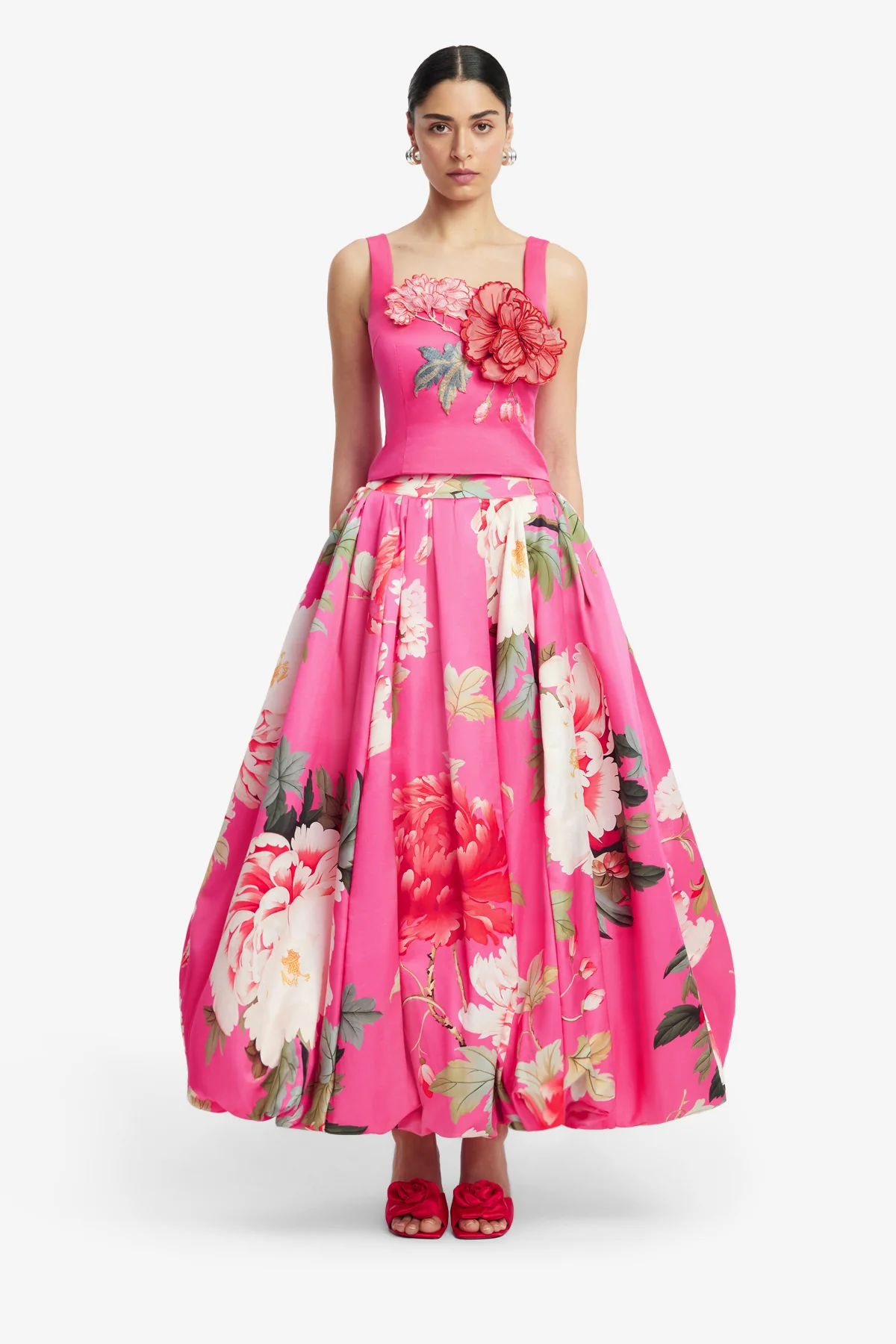 Victoria Puff Maxi Skirt - Peony Print in Fuchsia - Image 2