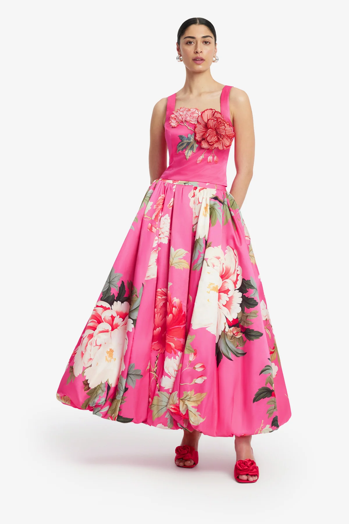 Victoria Puff Maxi Skirt - Peony Print in Fuchsia - Image 3